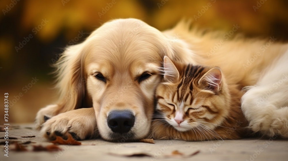 a heartwarming snapshot of a cat and dog curled up together, showcasing the unique bond and camaraderie that can exist between different animal friends