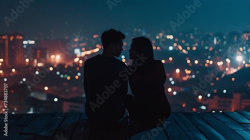 Silhouette of young Asian couple sit on wooden ground above the city under stars. : Generative AI