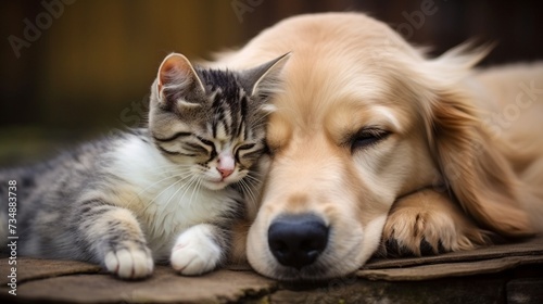 a heartwarming snapshot of a cat and dog curled up together, showcasing the unique bond and camaraderie that can exist between different animal friends © rana