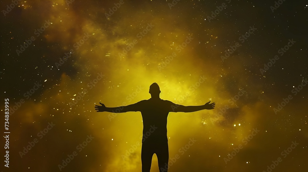 Milky Way. Night sky with stars and silhouette of a standing happy man with yellow light. Space background : Generative AI
