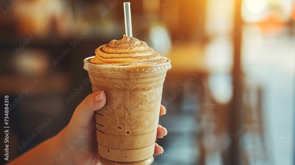 Fototapeta premium Cafe customer sipping iced coffee with straw on blurred background, ideal for text placement
