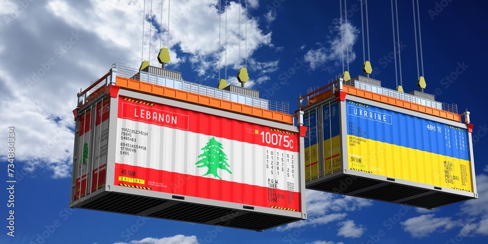 Shipping containers with flags of Lebanon and Ukraine - 3D illustration