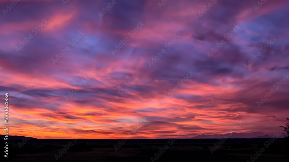 AI generated illustration of a vibrant sky filled with an array of pink clouds at dawn