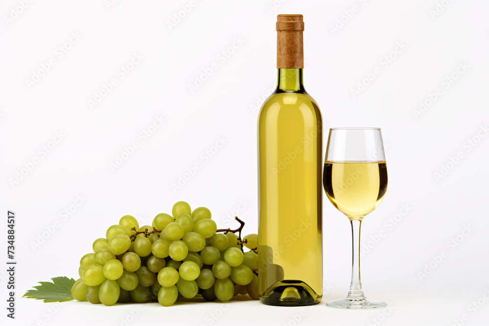 White wine bottle, wine glass, green grapes and leaves on white background