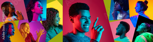 Photographie Collage made of close-up portrait of young people of different age, gender and nationality, smiling against multicolored background in neon light