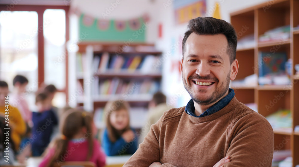 Fototapeta premium Smiling Educator in Brown Sweater Teaching at Elementary School
