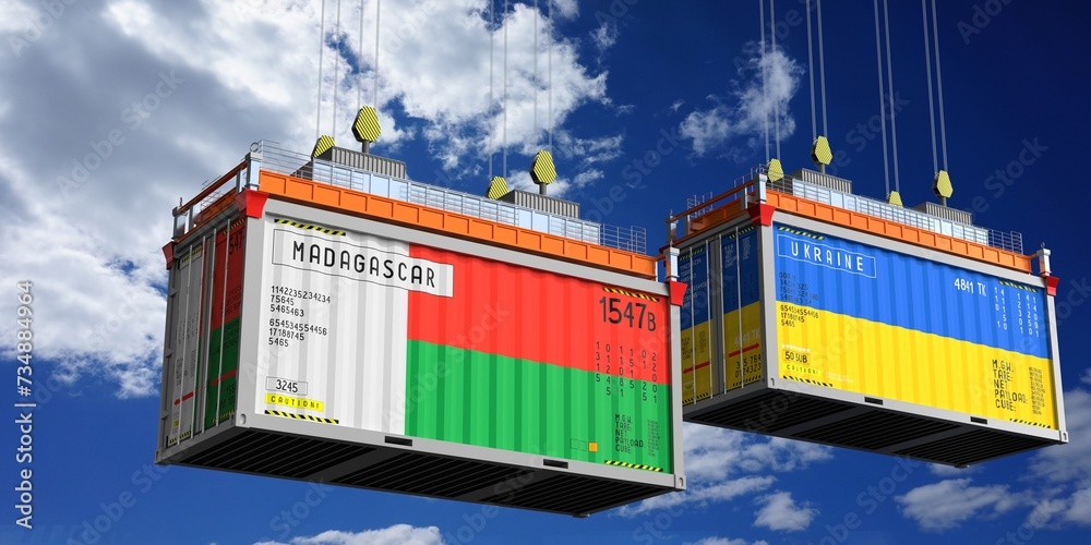 Shipping containers with flags of Madagascar and Ukraine - 3D illustration