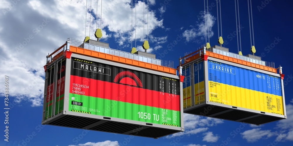 Shipping containers with flags of Malawi and Ukraine - 3D illustration