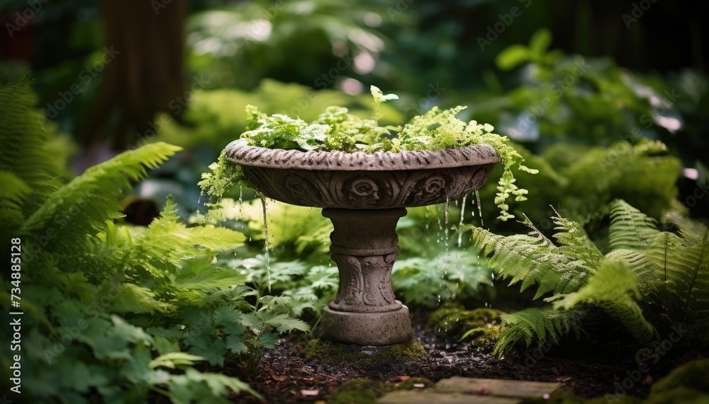 Bird Bath in a Garden Surrounded by Ferns Bird Bath in a Garden Surrounded by Ferns