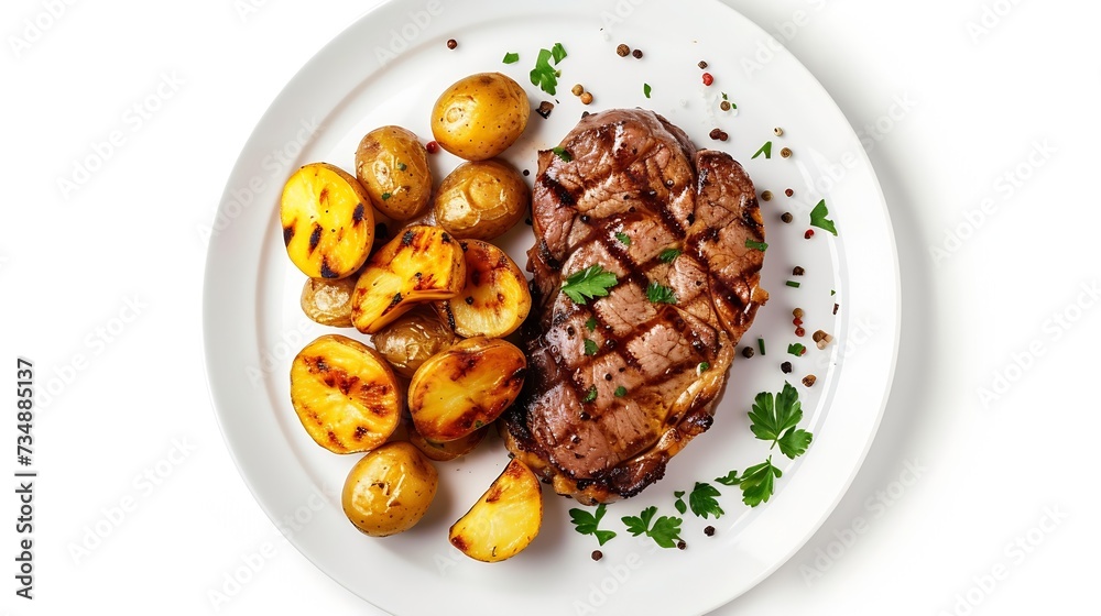 grilled beef steak and potatoes on plate isolated on white background, top view : Generative AI