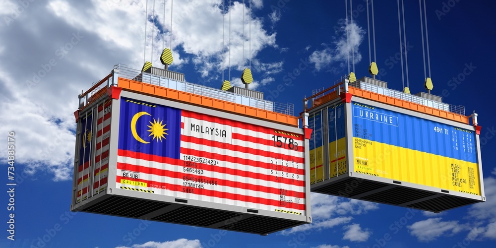 Shipping containers with flags of Malaysia and Ukraine - 3D illustration