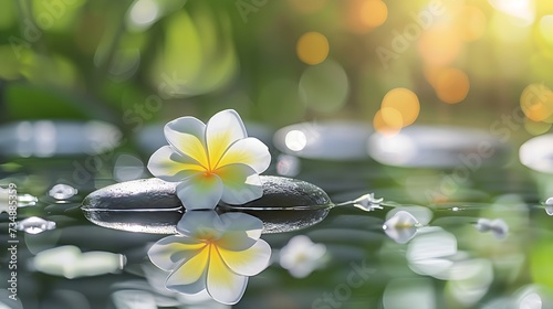 Zen spa concept background - Zen massage stones with frangipani plumeria flower in water reflection : Generative AI photo
