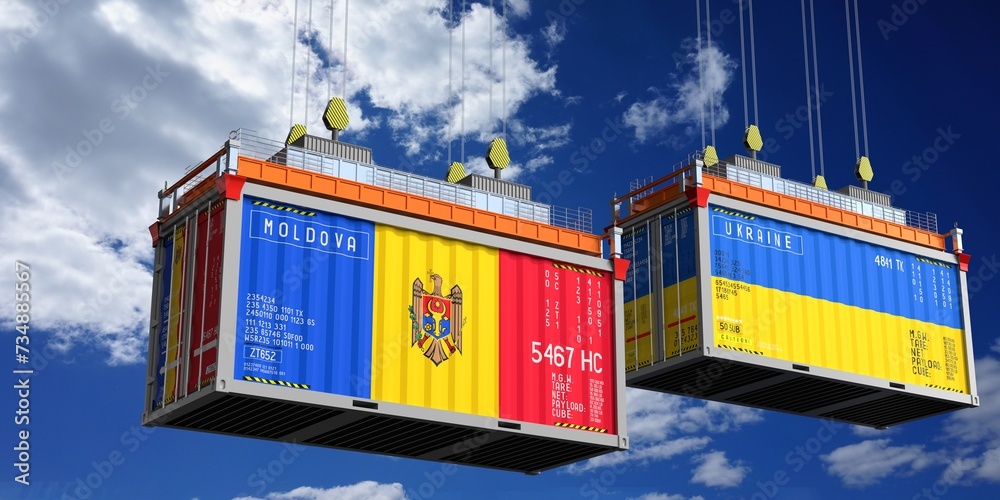 Shipping containers with flags of Moldova and Ukraine - 3D illustration