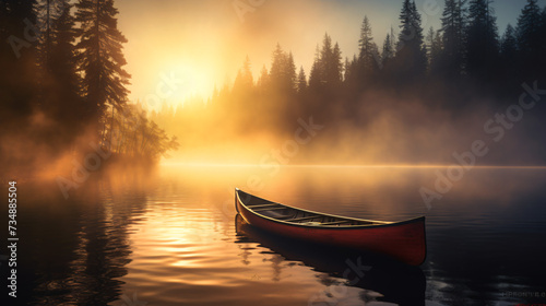Canoe on lake with fog