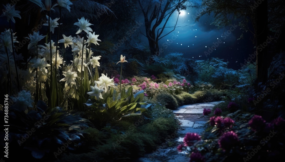 A Garden at Night With Flowers and a Path