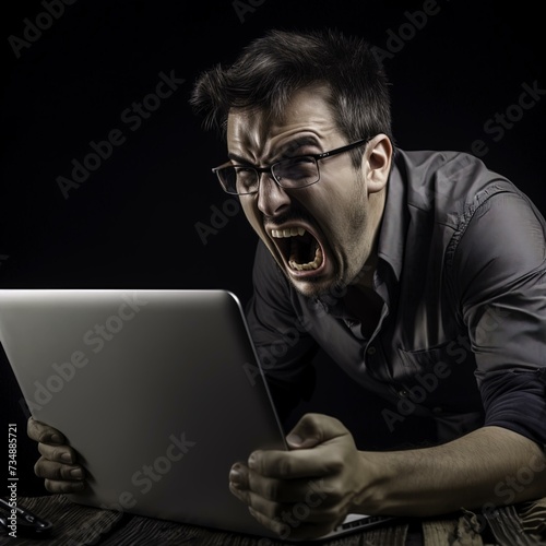 angry business man screaming at the laptop