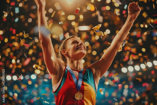 A happy female athlete with a gold medal stands at the stadium, a well-deserved victory and recognition of joyful fans, an Olympic champion photo