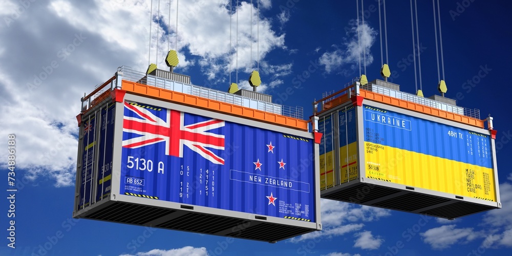 Shipping containers with flags of New Zealand and Ukraine - 3D illustration