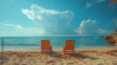 Holiday and vacation concept for tourism. Chairs on the sandy beach. Tropical scenery.