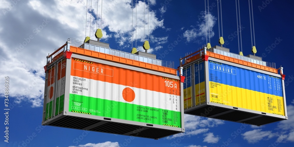 Shipping containers with flags of Niger and Ukraine - 3D illustration