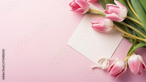 greeting card design with tulips and calendar top view, with copy space with generative ai #734886361