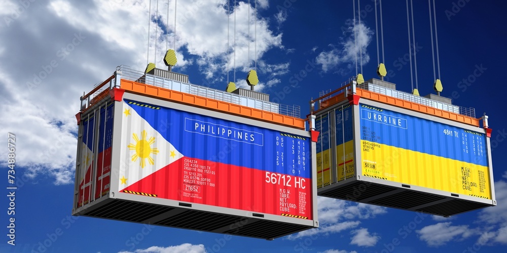 Shipping containers with flags of Philippines and Ukraine - 3D illustration
