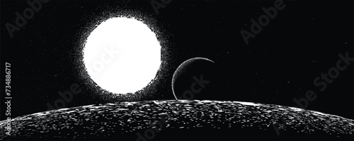 Stars and exoplanet in outer space. Futuristic landscape, with noise texture . Night landscape with starry sky .Vector illustration