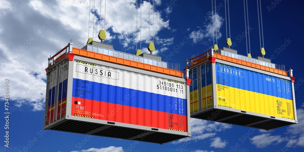Shipping containers with flags of Russia and Ukraine - 3D illustration