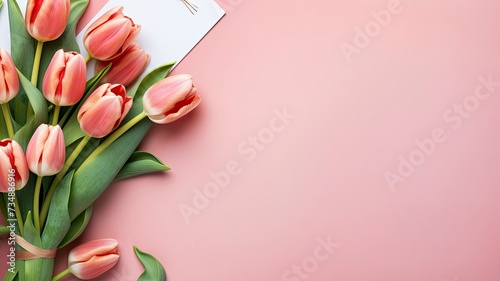 greeting card design with tulips and calendar top view, with copy space with generative ai © MUdaylah