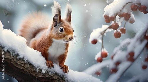 AI generated illustration of a squirrel perched on the snow-covered branch of a tree