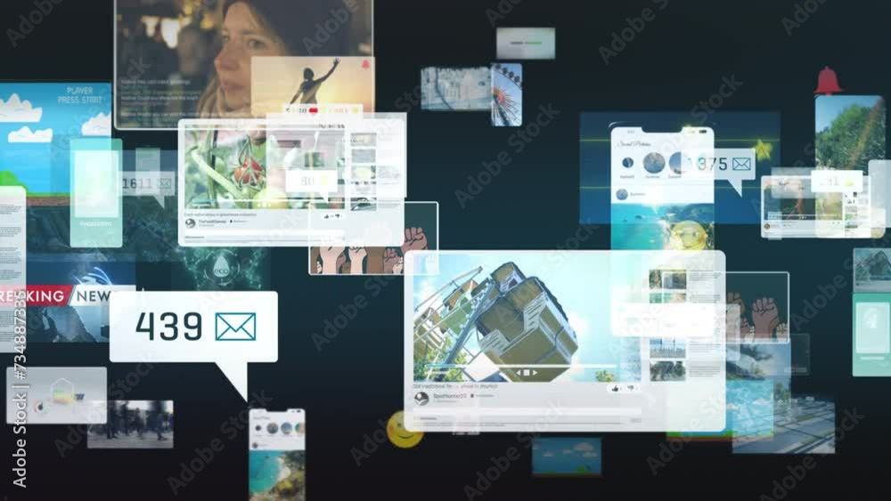 Media Virtual Social Reality Internet worldwide web connection Internet of Things, concept with videos, games, apps, avatars, and profiles, VFX Side scrolling animation background loop