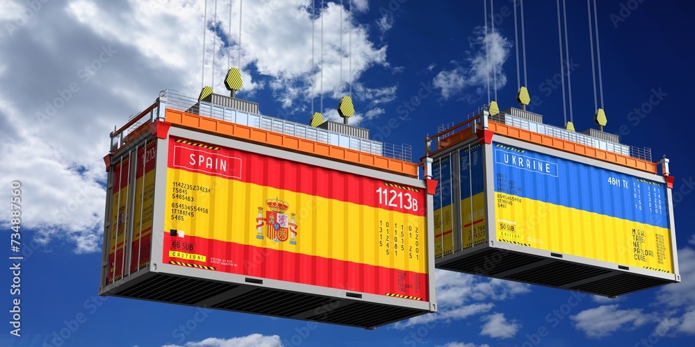 Shipping containers with flags of Spain and Ukraine - 3D illustration