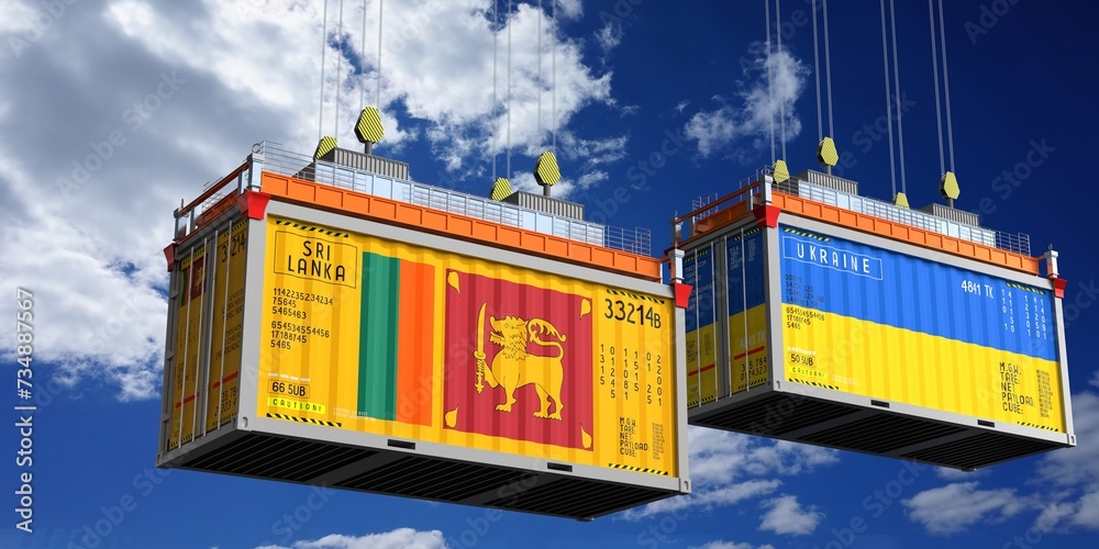 Shipping containers with flags of Sri Lanka and Ukraine - 3D illustration