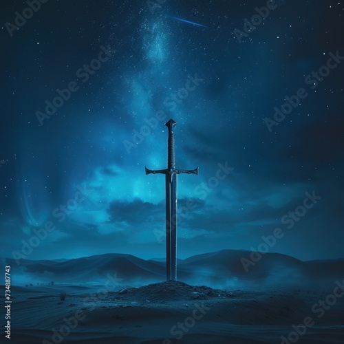 The king's sword has a strong energy stuck in the sand with a stunning and elegant outer space background complete with the reflection of the glowing bluish smoke. Generative Ai