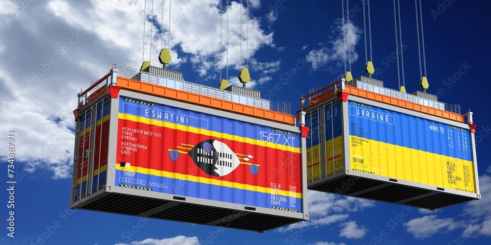 Shipping containers with flags of Eswatini and Ukraine - 3D illustration