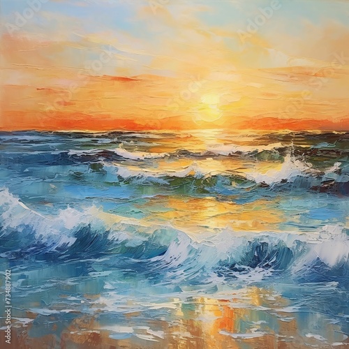 AI generated illustration of an oil painting of sea waves crashing against the shore at sunset
