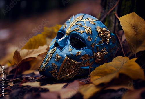 a blue mask with gold details in a forest scene with leaves and flowers on the ground and a tree trunk in the foreground with a light shining on the mask. generative ai