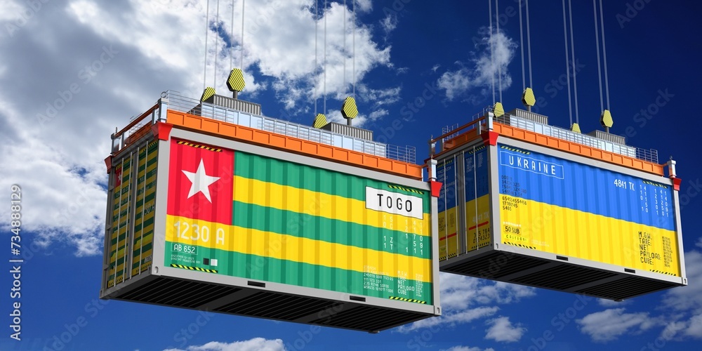Shipping containers with flags of Togo and Ukraine - 3D illustration