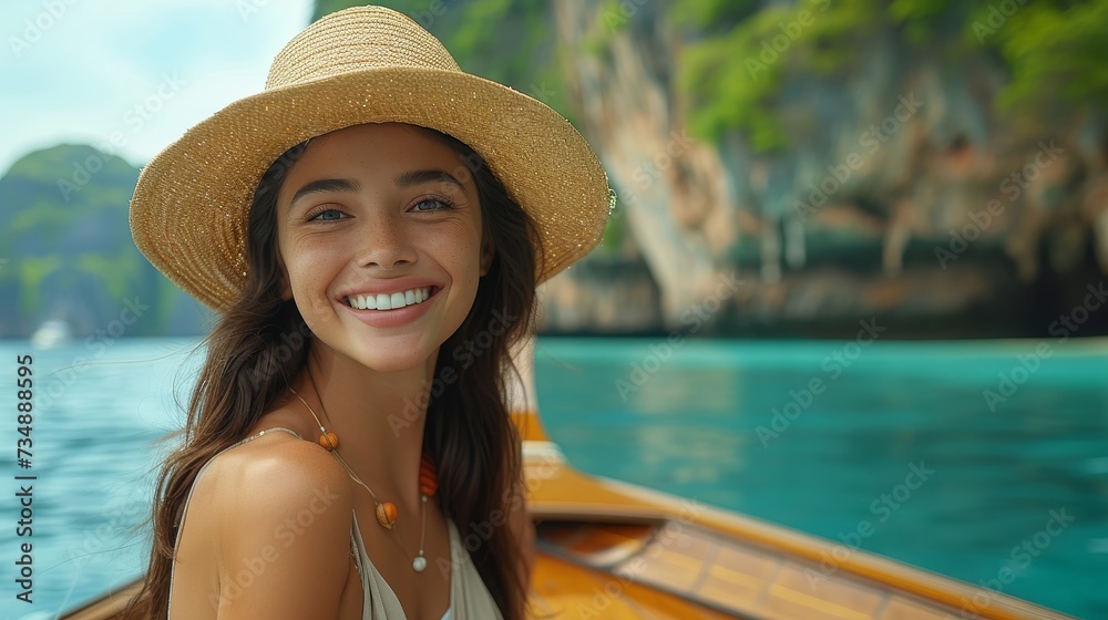 Woman in summer dress having a lot of fun relaxing on a boat, Maya beach, Phi Phi island, Tourism Phuket, Krabi, Travel Thailand, Beautiful vacation destination in Asia, Summer vacation trip outside