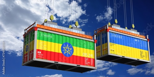 Shipping containers with flags of Ethiopia and Ukraine - 3D illustration