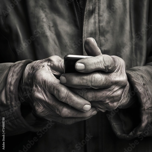 Man holds a smartphone in both hands, his weathered skin adding a sense of maturity. AI-generated.
