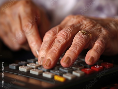A close-up of hands holding a retirement savings calculator, inputting numbers and projections for future financial security
