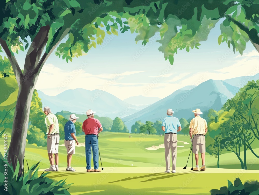Cartoon illustration of a group of retirees playing golf together at a Cartoon illustration of a group of retirees playing golf together at a