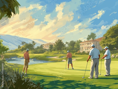 Cartoon illustration of a group of retirees playing golf together at a scenic course, enjoying leisure activities in their golden years