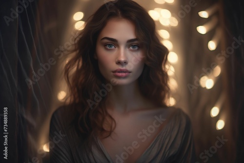 Young woman with long hair in a dark room, illuminated by lights. Ai generated © Wirestock