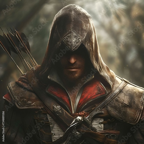 assassins soldier standing in front of woods with bow and arrows photo