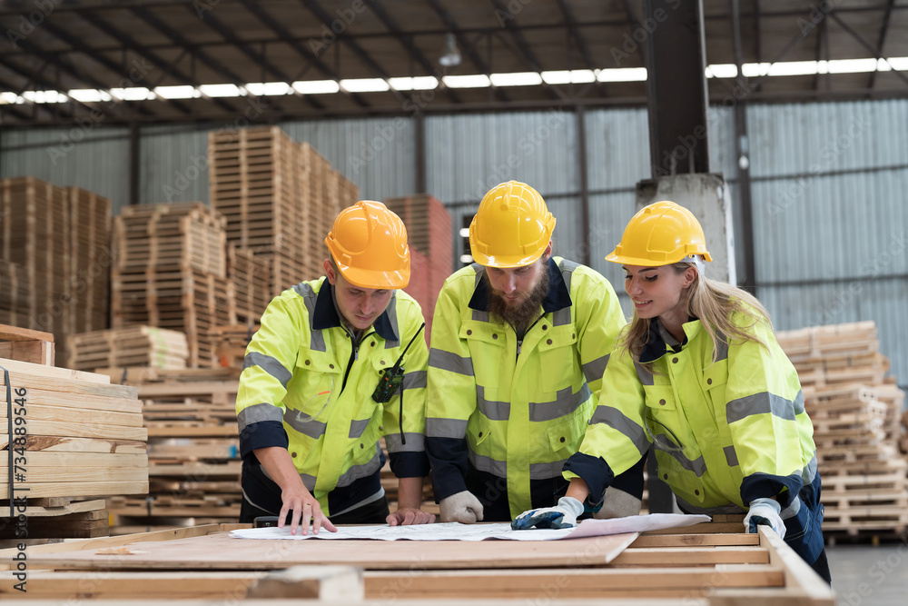 Warehouse and factory concept. Group of male and female warehouse workers working and discussing about structure blueprint building in lumber storage warehouse Warehouse and factory concept. Group of male and female warehouse workers working and discussing about structure blueprint building in lumber storage warehouse