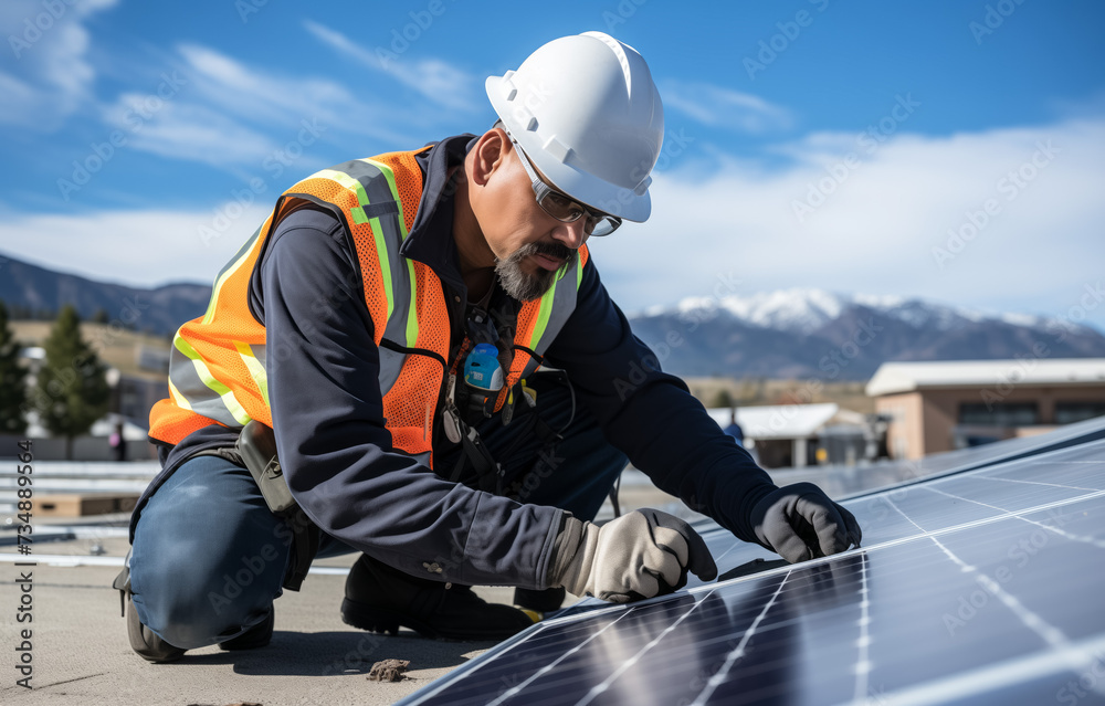Technician inspecting solar panels on roof with mountain view Technician inspecting solar panels on roof with mountain view