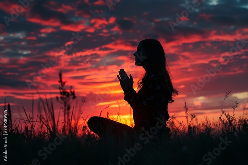 Experience a serene and spiritual moment as you witness the silhouette of a woman kneeling in prayer, captured in a realistic photo that conveys peace, faith, and contemplation.