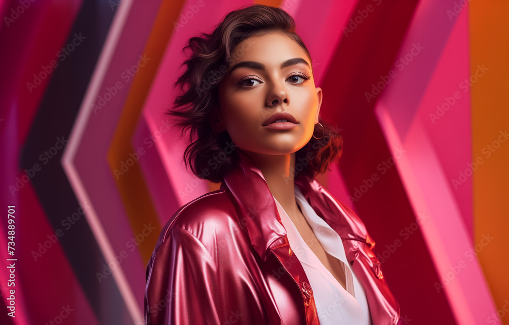 Stylish young woman in red jacket with colorful geometric background Stylish young woman in red jacket with colorful geometric background